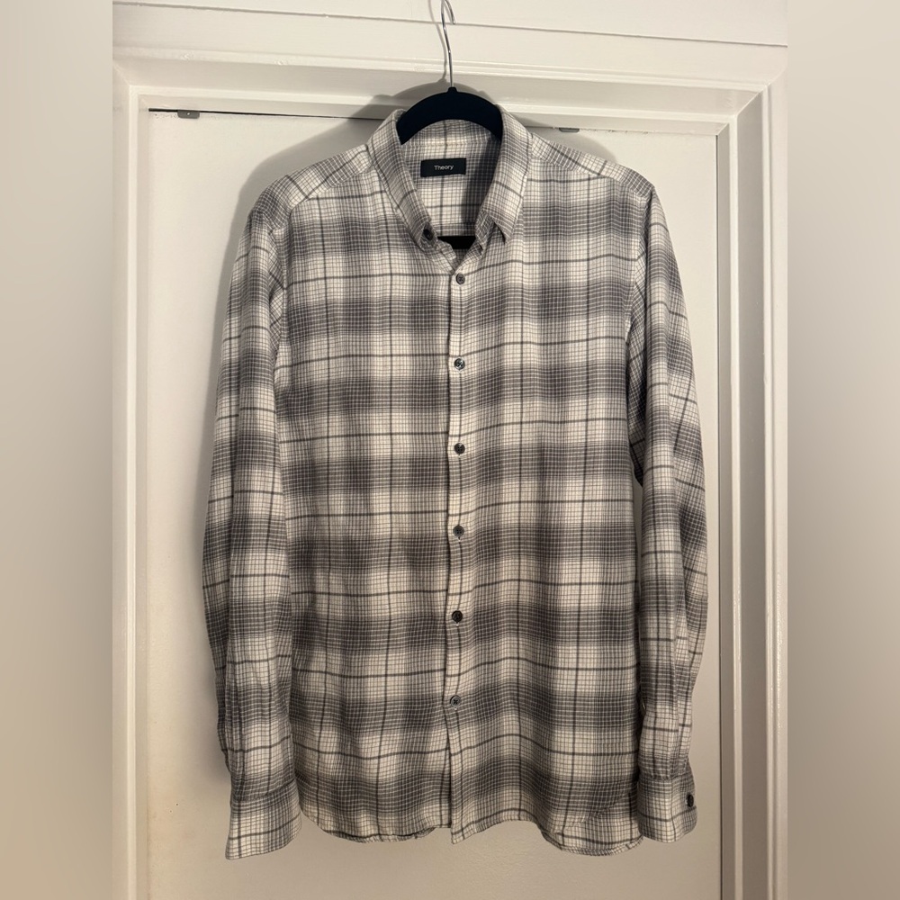 Theory Gray and White plaid flannel Men's Shirt